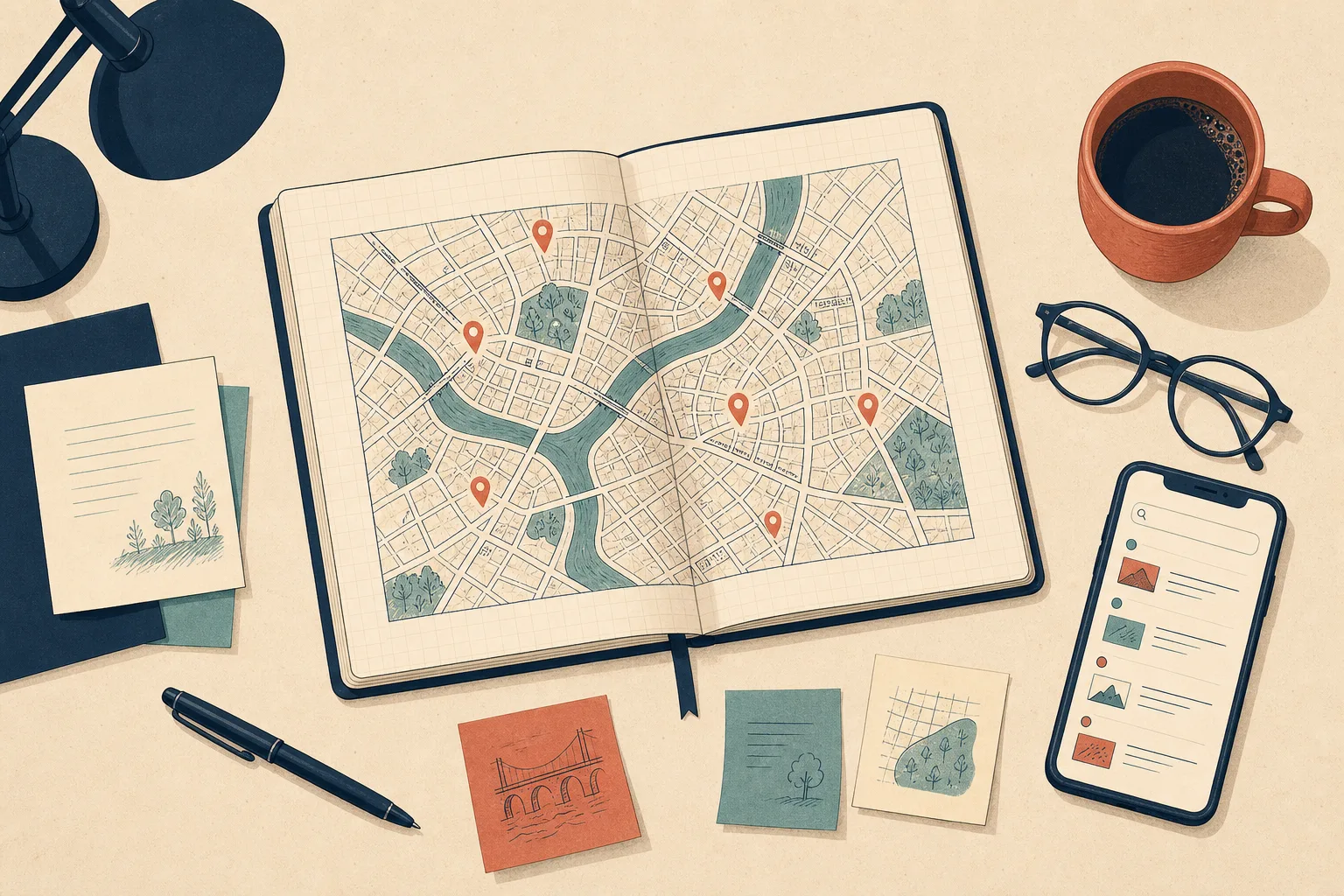 Illustration of an editor's desk seen from above with an open notebook showing a city map diagram, sticky notes, and a smartphone displaying a search results page.