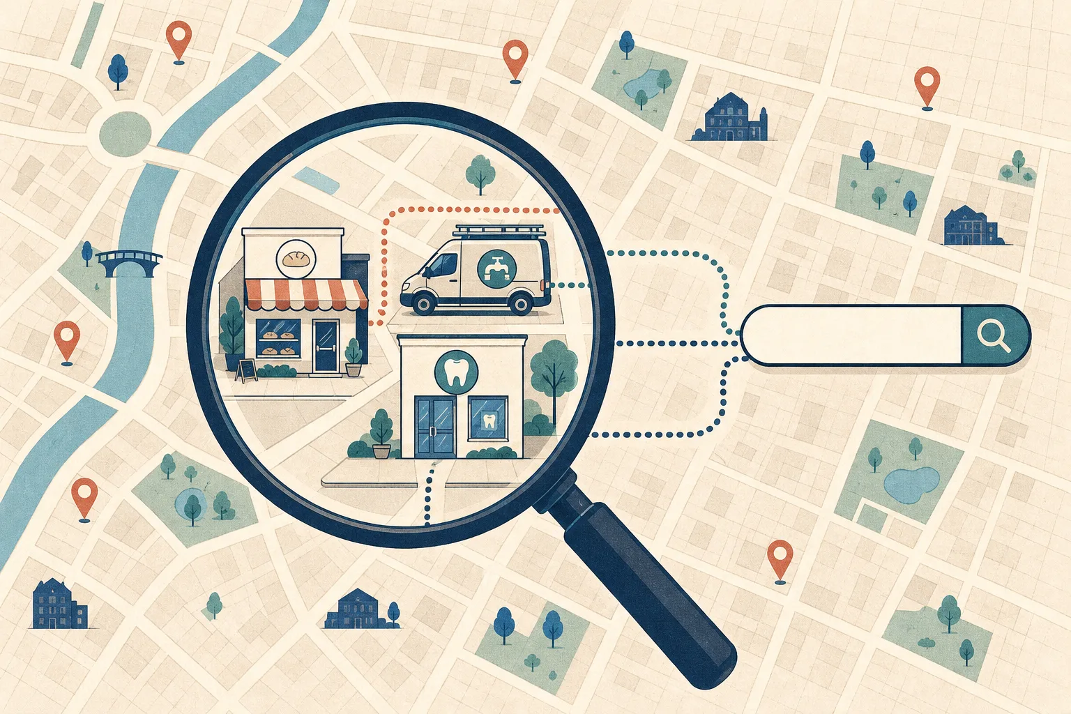 Illustration of a city map grid where a magnifying glass highlights one block containing a bakery, a plumber's van, and a dental clinic, connected by dotted routes to a search bar.