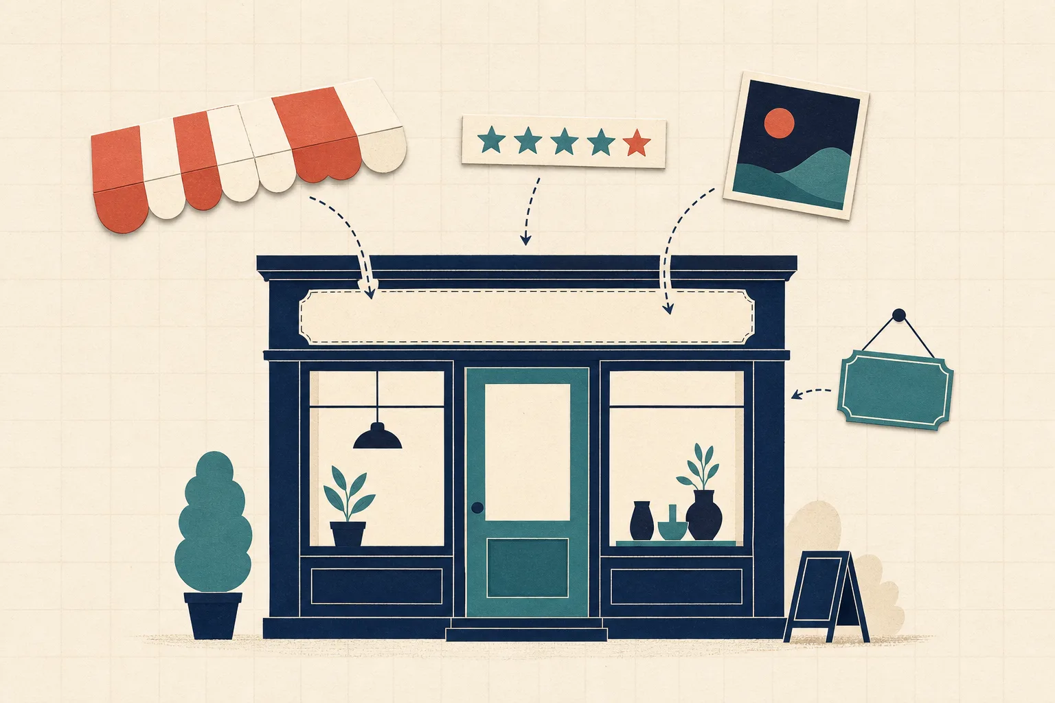 Illustration of a storefront being assembled like a paper collage: awning, hours plaque, photo frame, and star-rating row floating into place above the entrance.