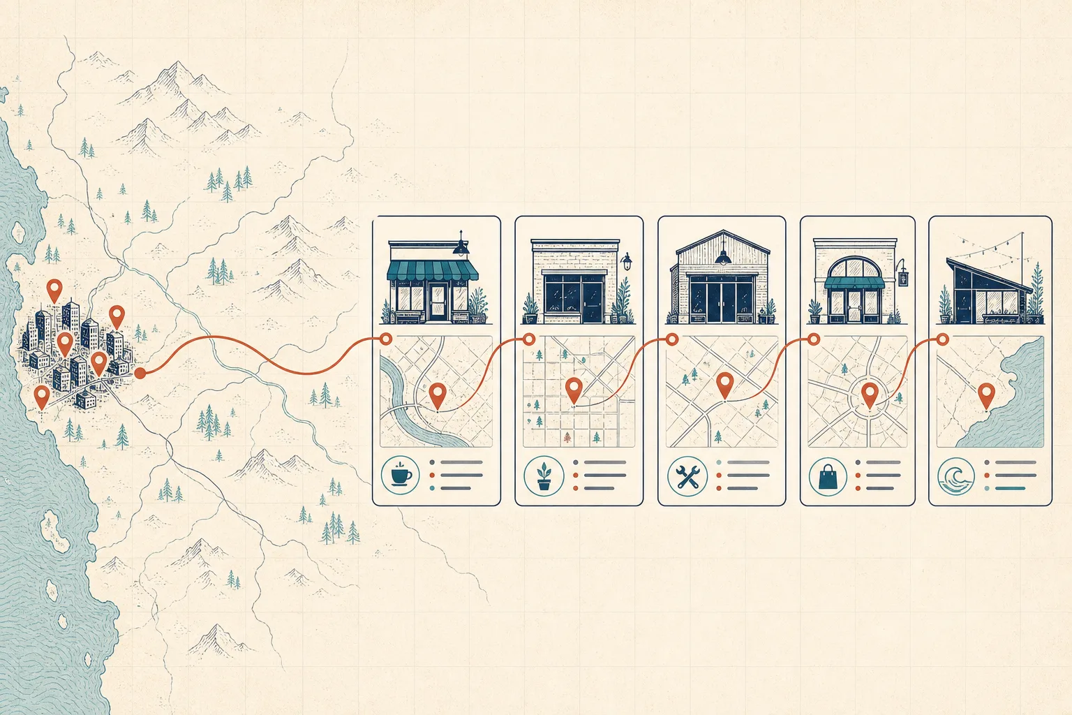 Illustration of a regional map with a cluster of city pins expanding into a row of distinct storefront cards, each with its own small map and details, connected by one shared brand-colored thread.