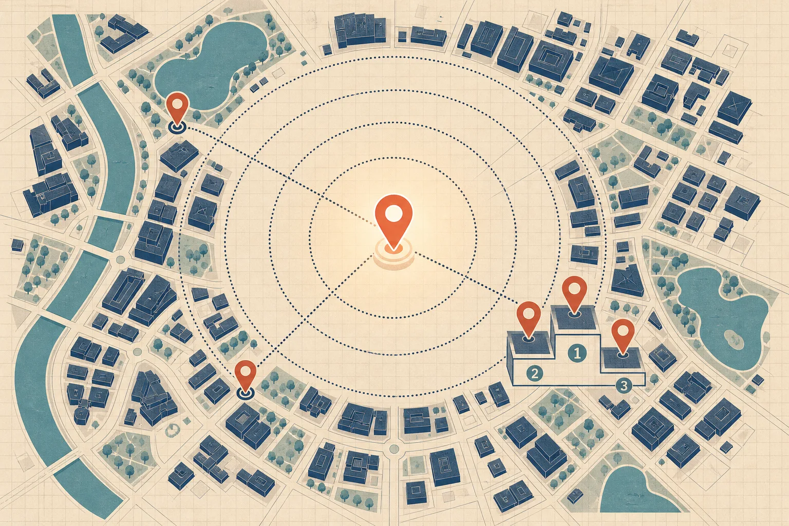 Illustration of a city map viewed from above with concentric distance rings radiating from one glowing map pin while three smaller pins appear on podium-like rooftops.