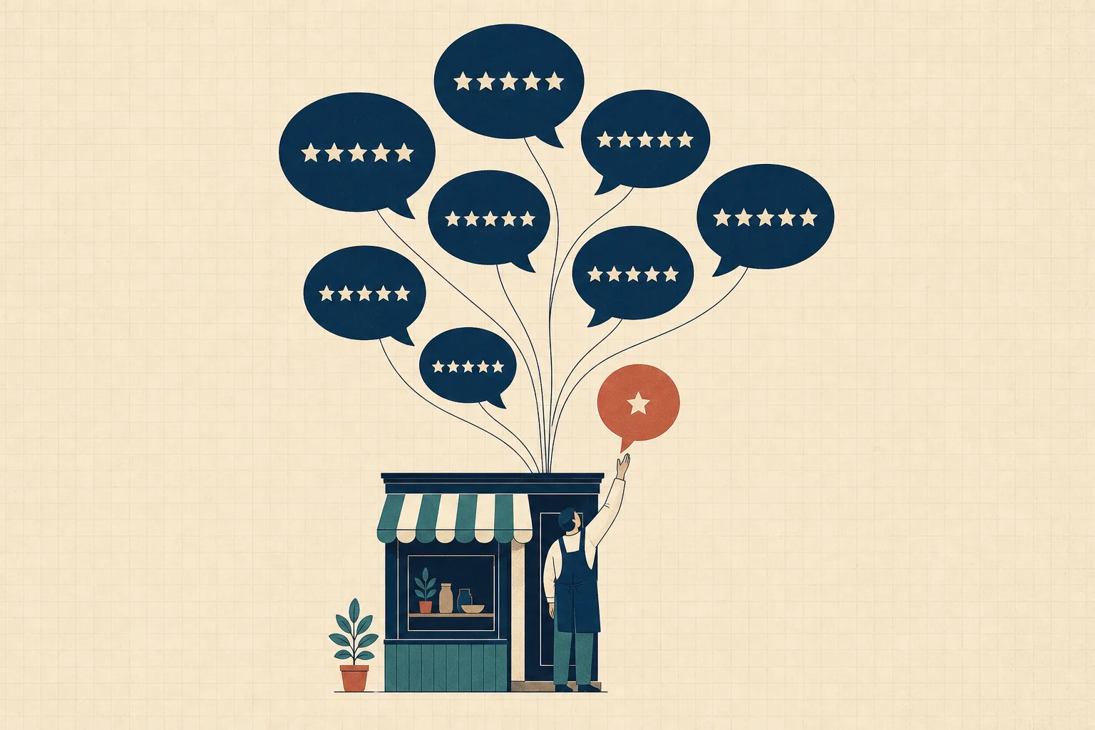 Illustration of speech bubbles rising from a small shop doorway like balloons, most containing five stars and one containing a single star being caught by a shopkeeper's hand.