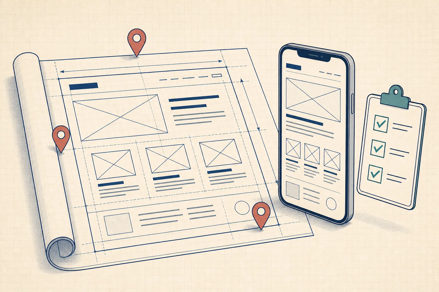 Illustration of a website page blueprint under construction like an architectural drawing with a smartphone standing on it showing the same layout, beside a checklist clipboard with checked boxes.
