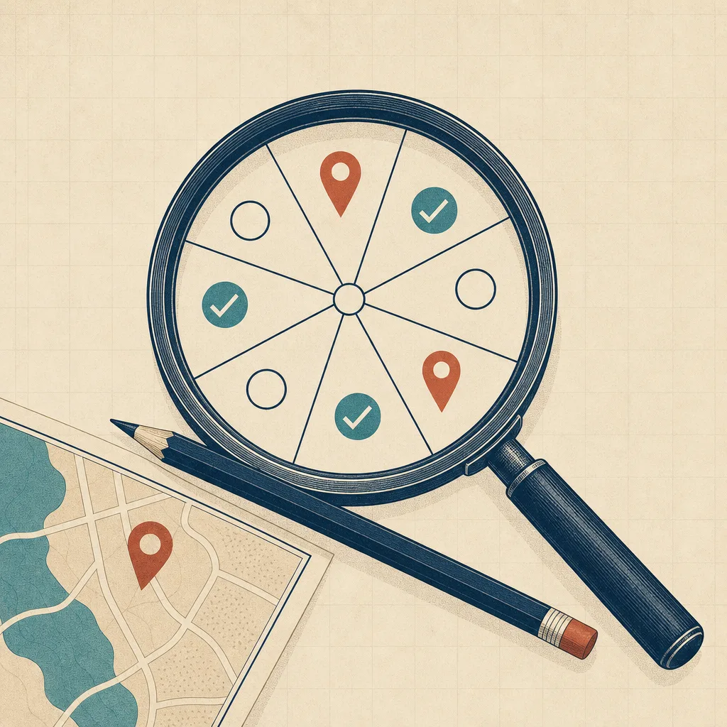 Illustration of a magnifying glass resting on an eight-section circular checklist dial with a pencil across it.