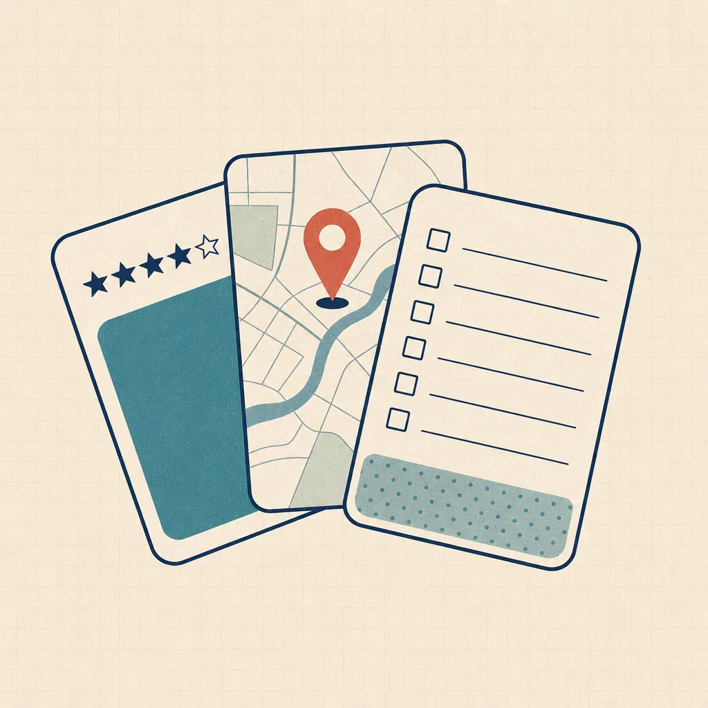 Illustration of three overlapping utility cards showing a star rating row, a map pin, and worksheet rows with checkboxes.